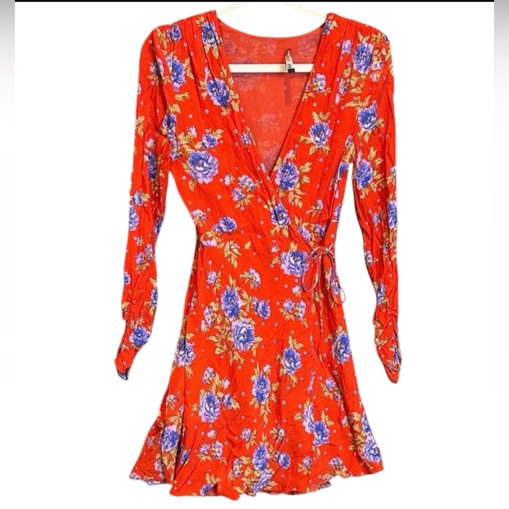 Zara Boho Red Floral Mini Wrap Dress V-Neck Ruched 3/4-Length Sleeve Sz XS